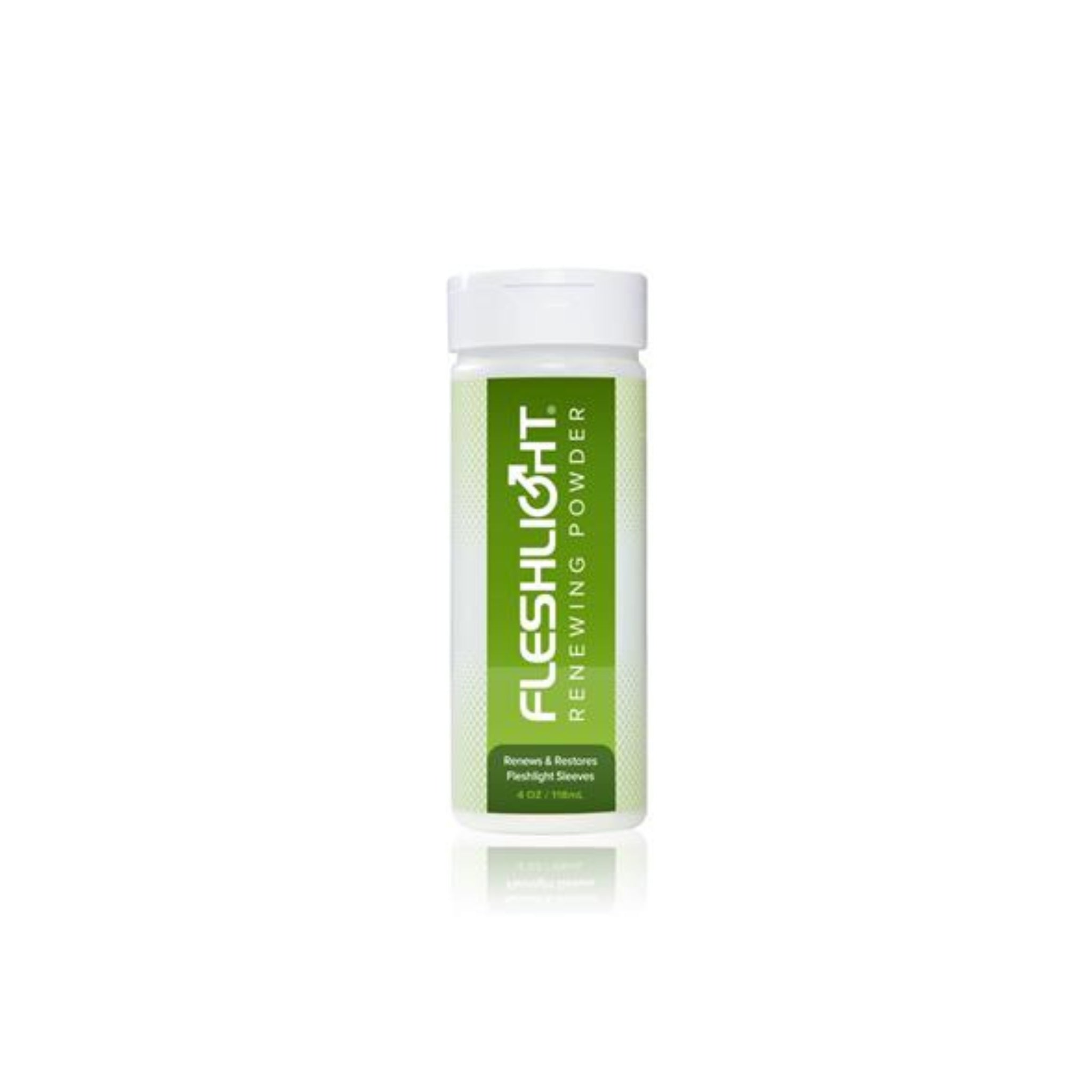 Fleshlight Renewing Powder 118ml bottle shown upright—designed to restore and maintain the softness of SuperSkin sleeves.