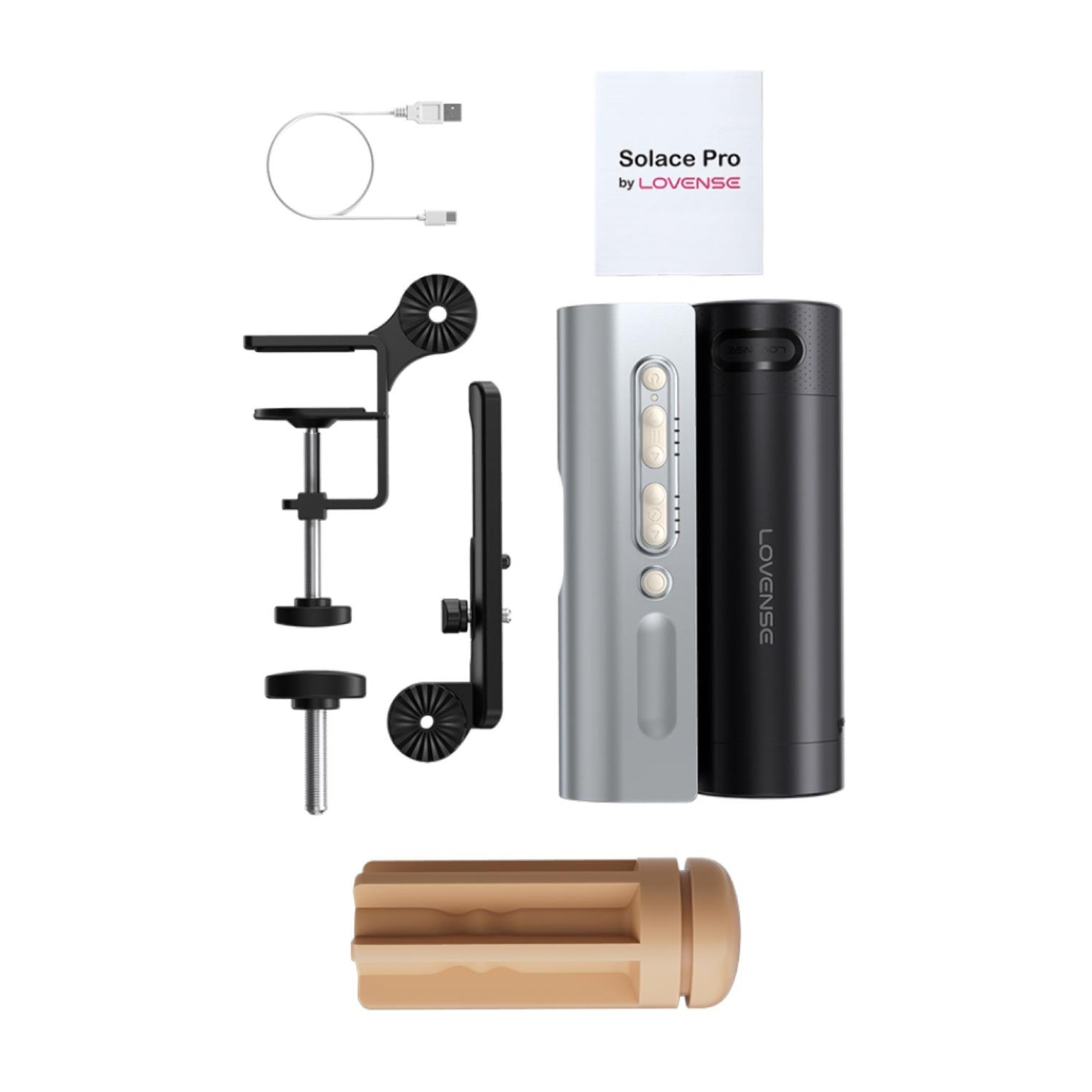 Unboxed Lovense Solace Pro with charging cable, storage pouch, and user manual