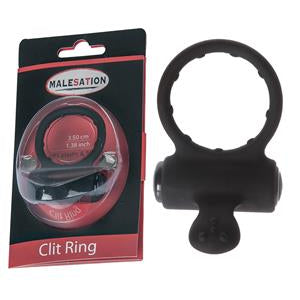 Black clitoral ring with packaging labeled 'Malesation' on a white background