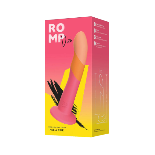 Romp Dizi curved dildo with 7-inch smooth shaft, flared base, and harness compatibility for P-spot and G-spot stimulation.