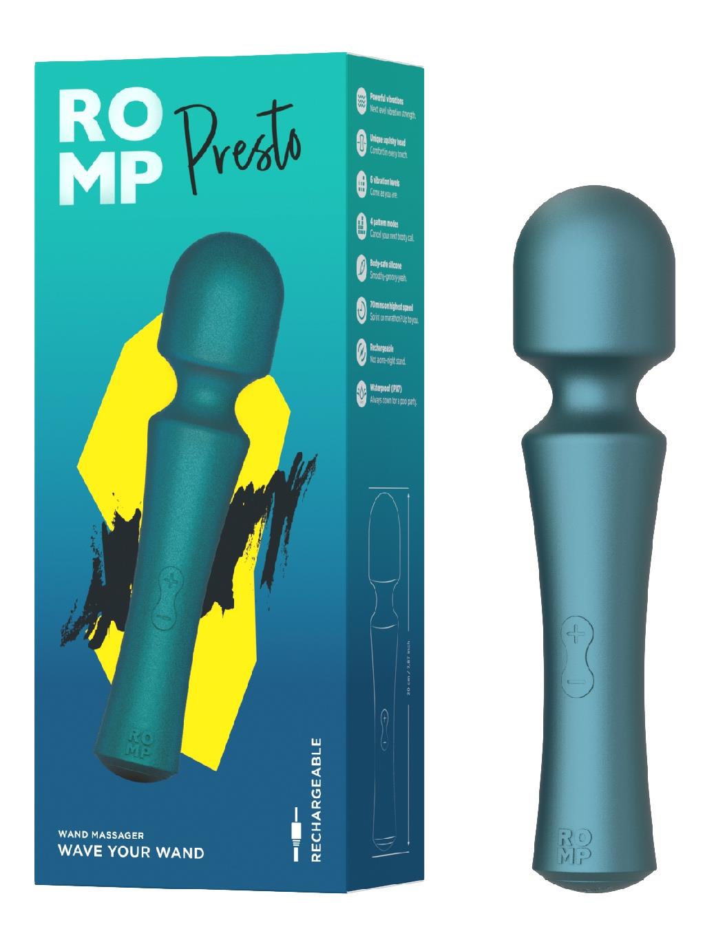 Romp Presto waterproof wand vibrator featuring multiple vibration modes and ergonomic design.