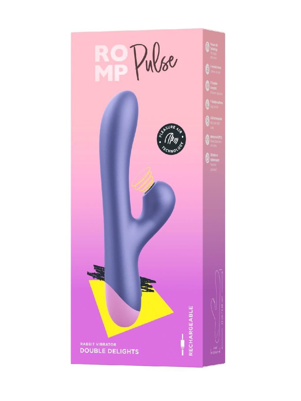 Romp Pulse rabbit vibrator with clitoral Pleasure Air stimulation and internal G-spot vibration for dual pleasure.