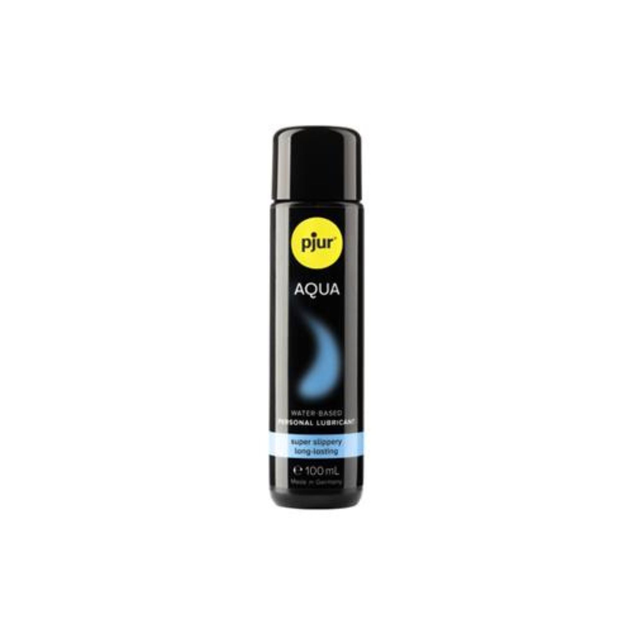 Pjur Aqua 100ml water-based lubricant in a sleek black bottle with blue and white label.