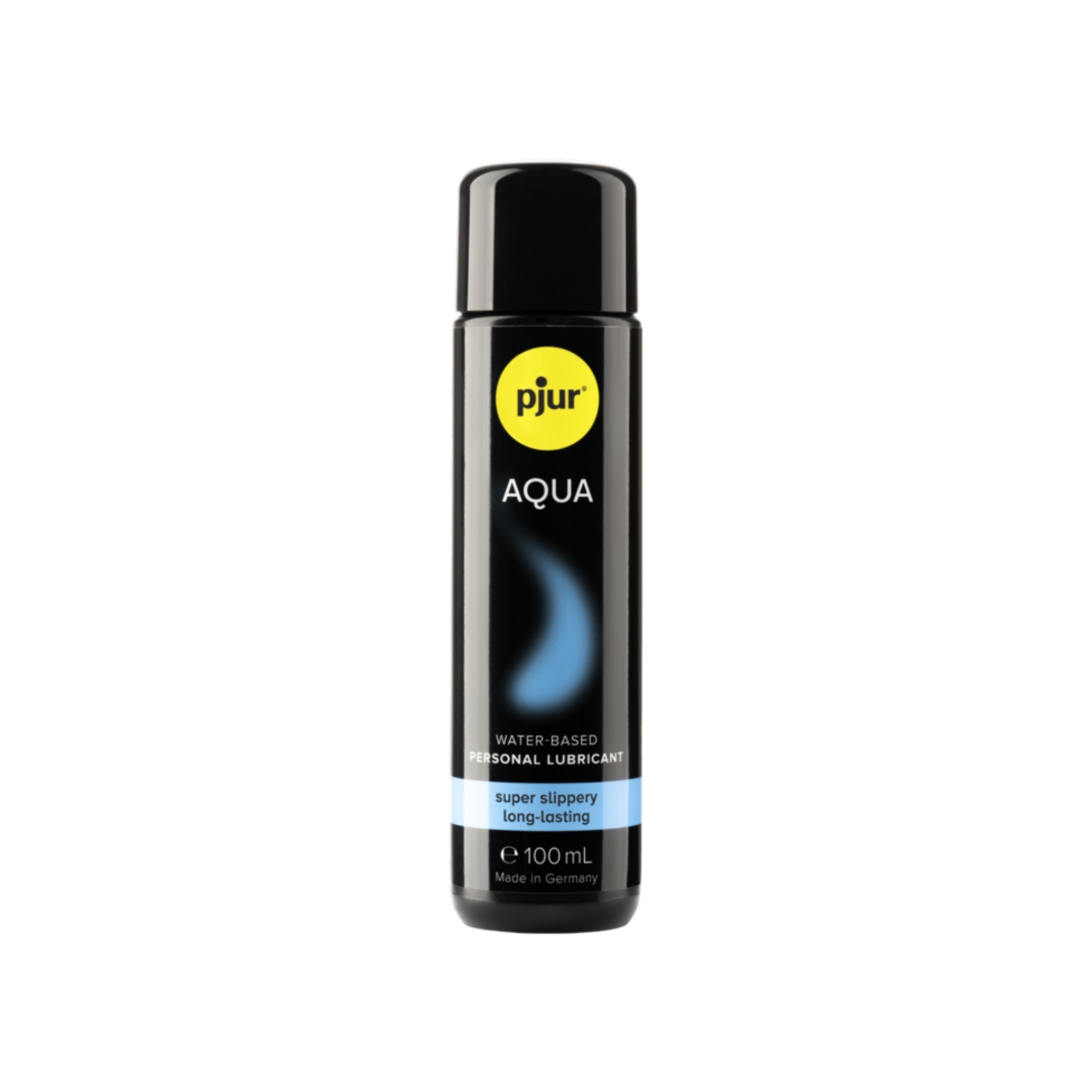 Pjur Aqua 100ml water-based lubricant in a sleek black bottle with blue and white label.