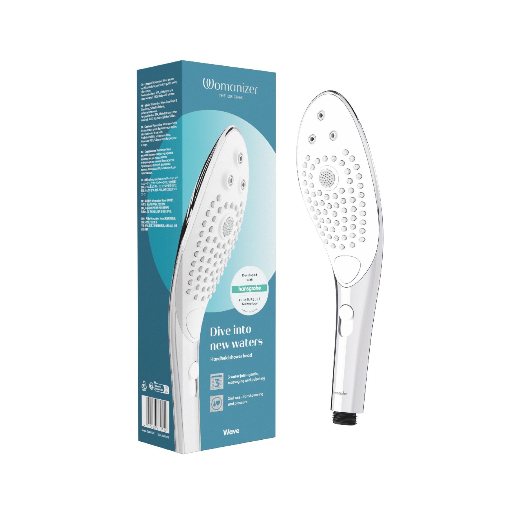 Unboxed Womanizer Wave intimate showerhead with sleek design and ergonomic features