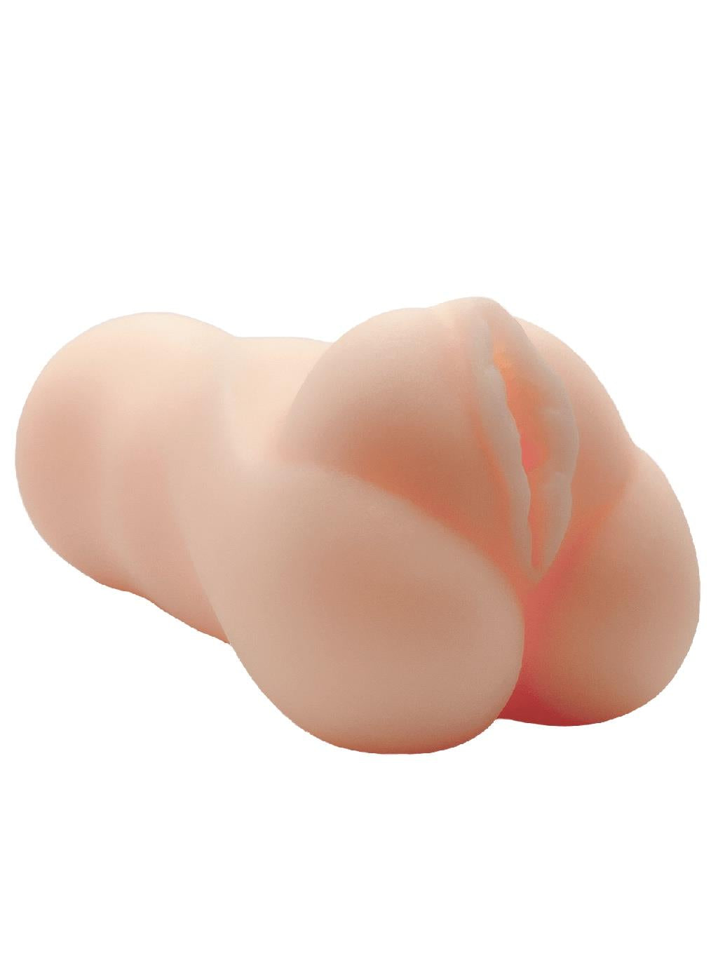 Close-up of Wooomy Squeeezy male masturbator showing ribbed interior and ergonomic grip