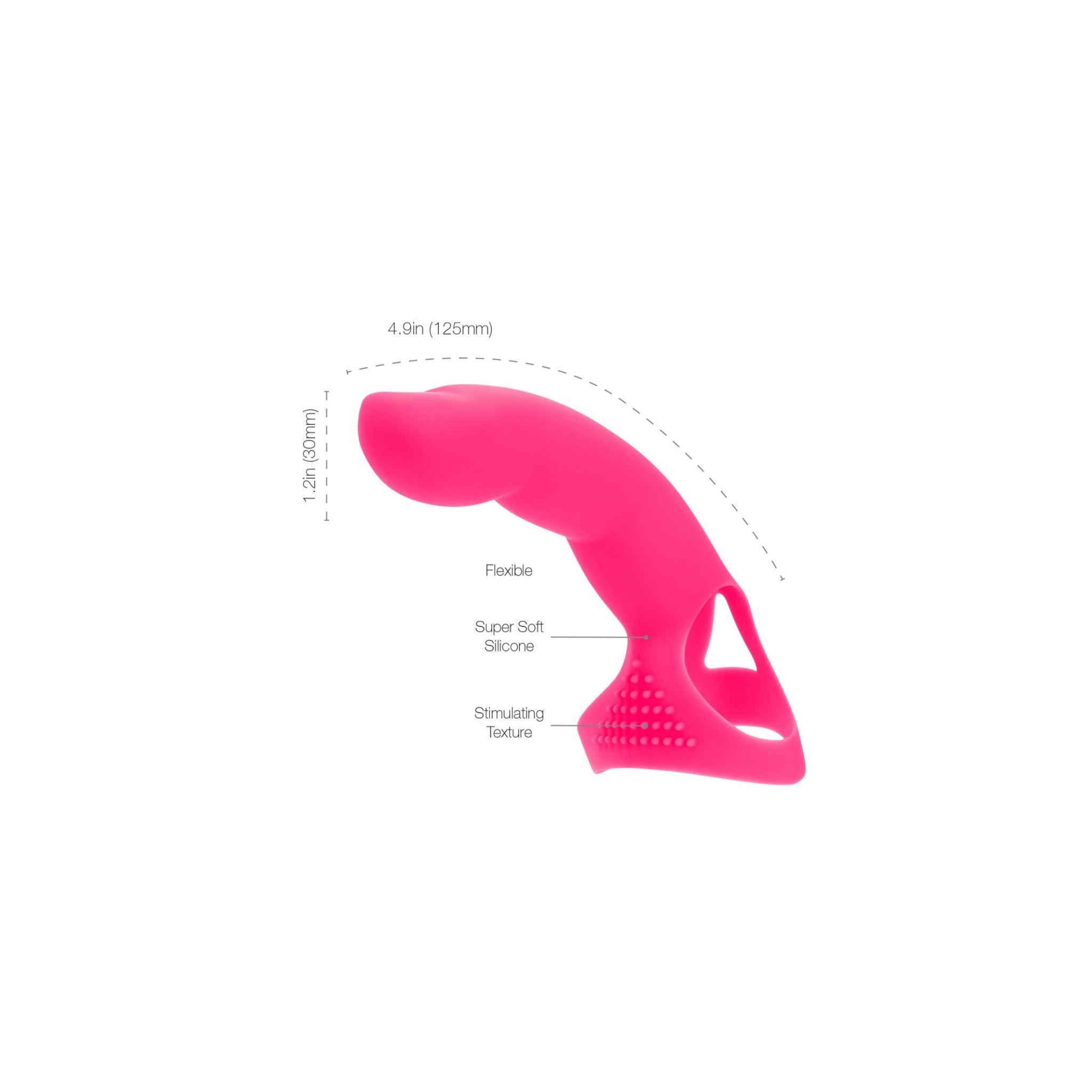 Pink silicone product with measurements and text on a white background