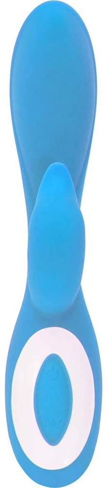 Blue dual-stimulation vibrator with soft silicone body and hooded clitoral arm