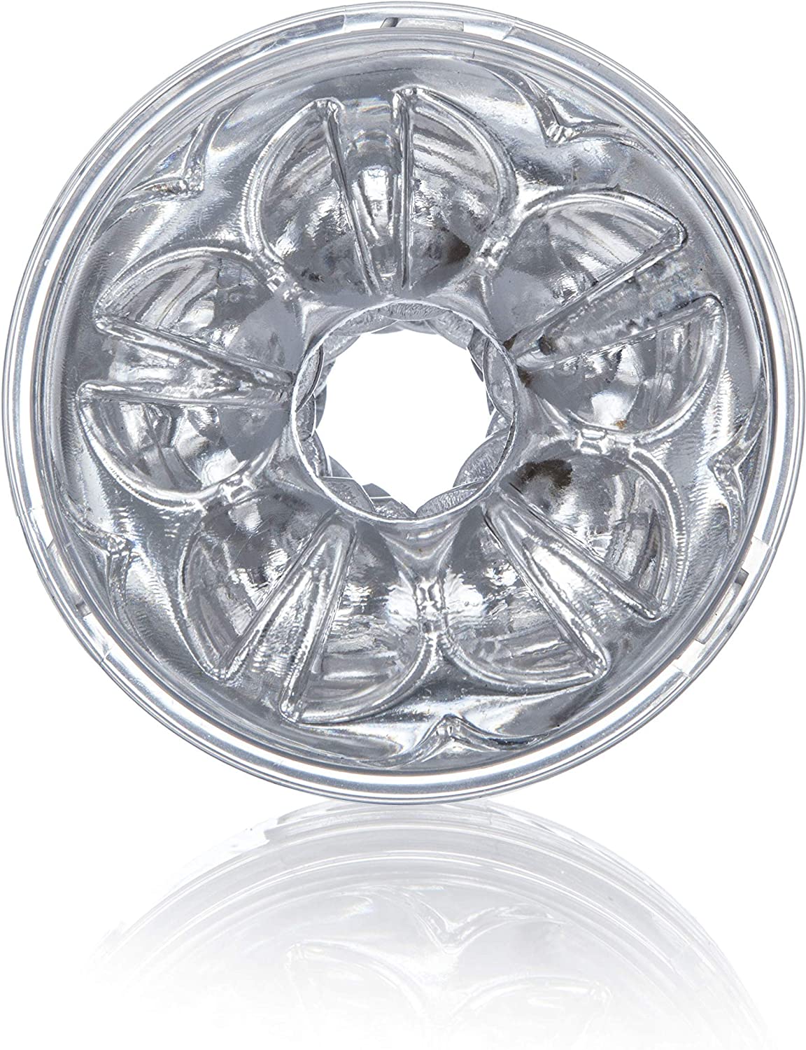 Close-up of Vantage sleeve showing circular wave-like textures inside a clear, open-ended design for intense visual stimulation.