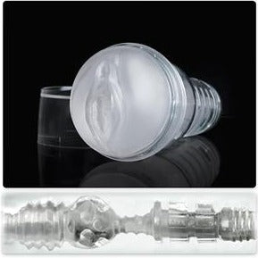 Fleshlight Ice Lady masturbator with clear case and transparent sleeve featuring a realistic vaginal opening