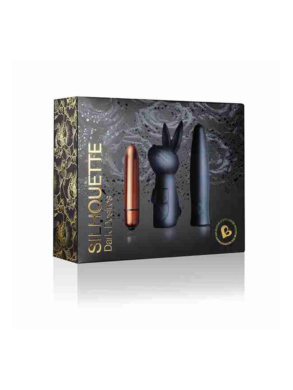 Rocks-Off Silhouette Vibrator Kit with box and black satin accessories on display