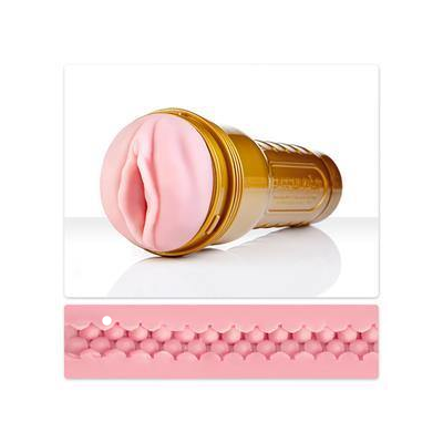 Fleshlight showing gold case and detailed textured sleeve designed for stamina and performance training.