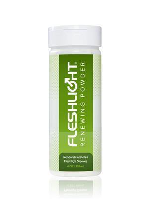 Fleshlight Renewing Powder 118ml bottle shown upright—designed to restore and maintain the softness of SuperSkin sleeves.