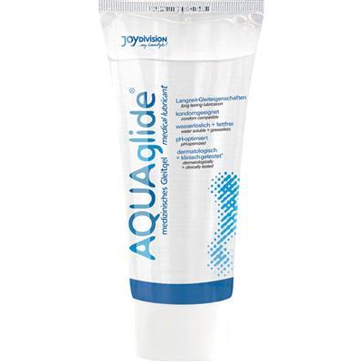 JoyDivision Aquaglide 50ml water-based lubricant in a clear bottle, designed for long-lasting moisture and body-safe comfort.