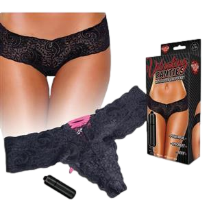 Hustler Vibrating Panties in Black – lace thong with hidden bullet pocket, stretchy fit, and removable vibrating bullet included.
