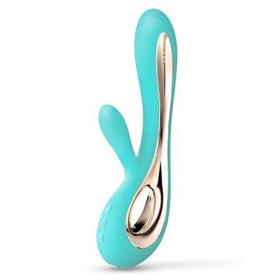 Lelo Soraya 2 in Aqua with dual-stimulation design, elegant curved shape, and gold detailing displayed against a neutral background