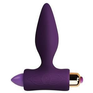 Purple vibrating anal plug with a slim tapered tip and removable bullet vibrator