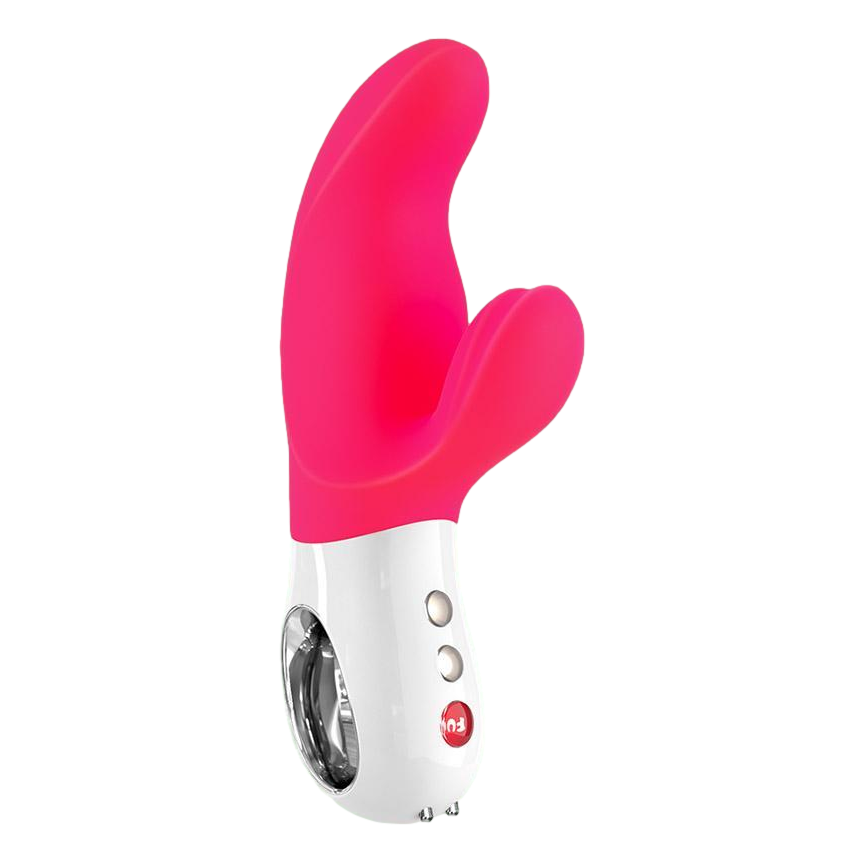 Fun Factory Miss Bi vibrator in pink, featuring a curved shaft and flexible arm for dual G-spot and clitoral stimulation.