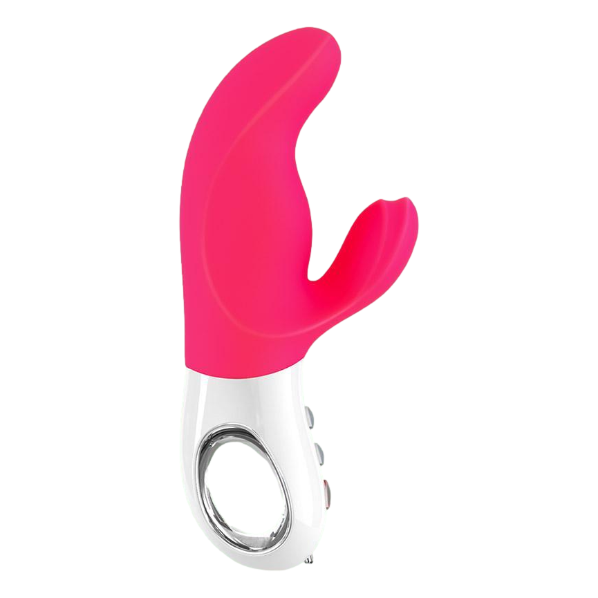 Fun Factory Miss Bi vibrator in pink, featuring a curved shaft and flexible arm for dual G-spot and clitoral stimulation.