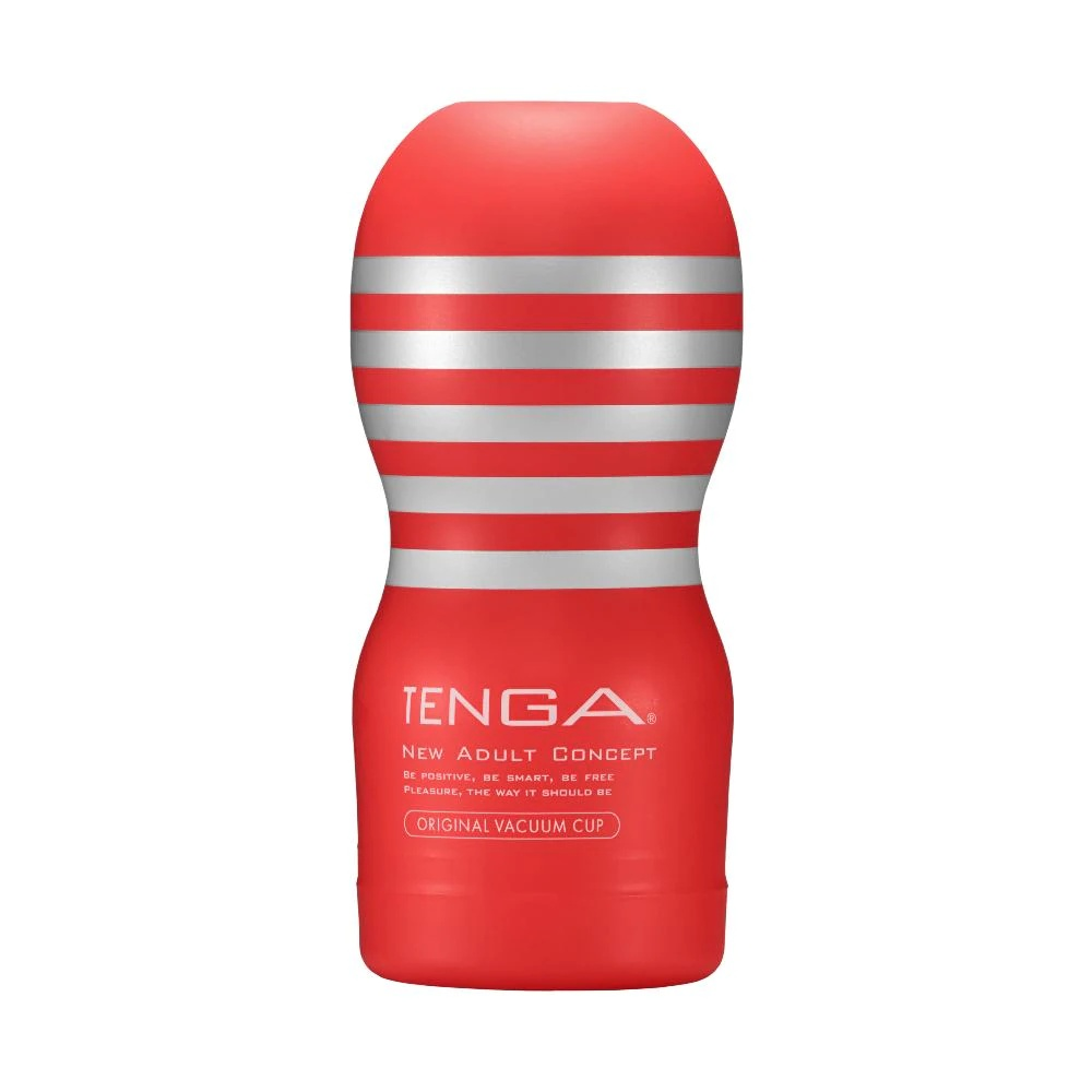 Tenga Original Vacuum Cup masturbator with red and white striped design, upright on white background