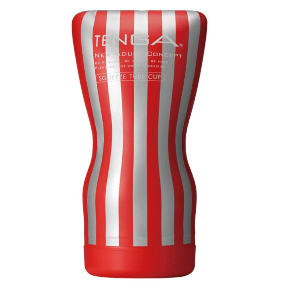 Tenga Soft Case Cup masturbator standing upright, red and white striped design on white background