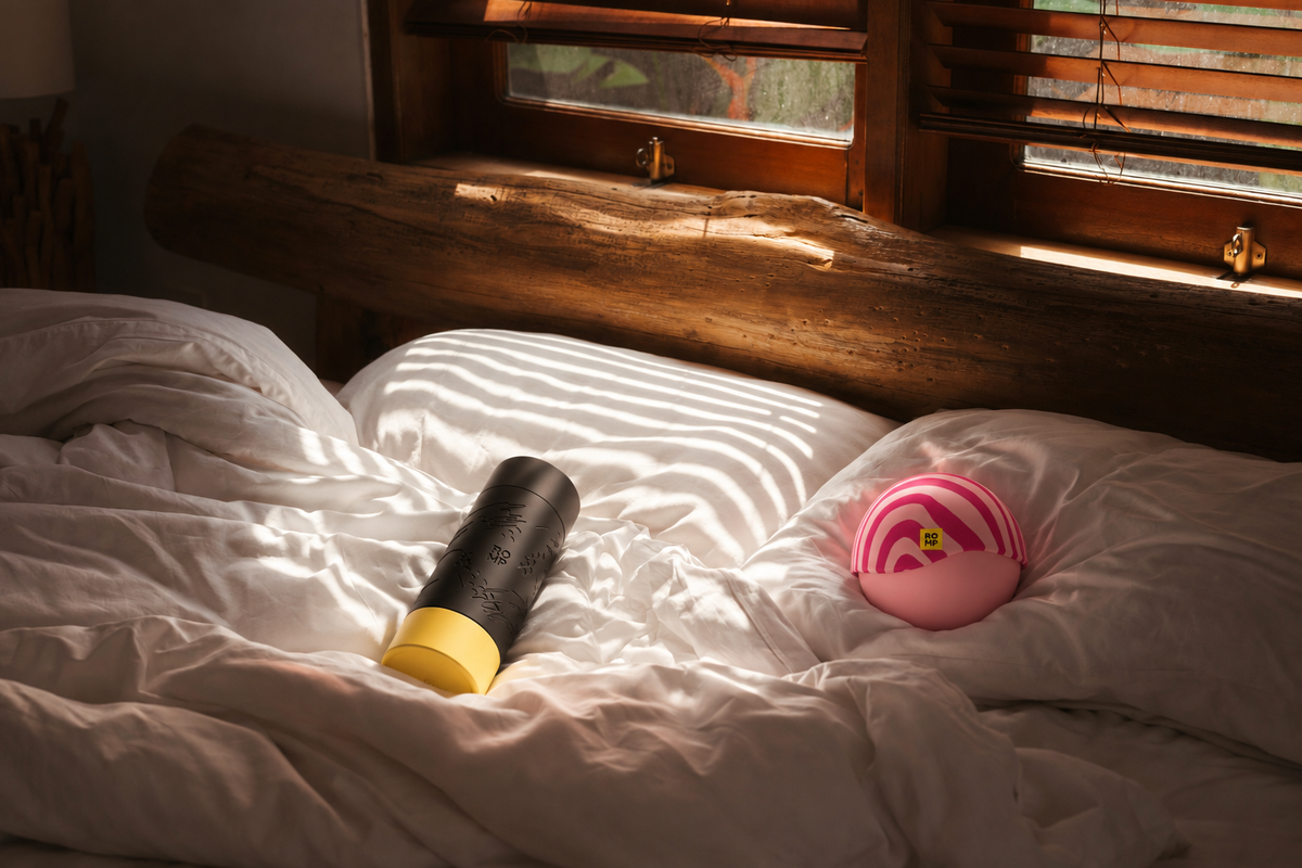 Compact vibrator, lubricant and masturbation sleeve arranged on an elegant blush background for an edging guide