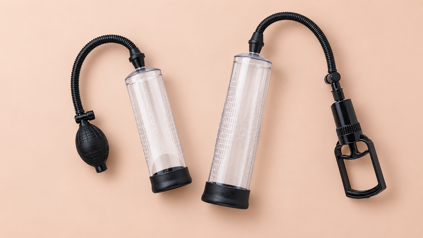 Beginner penis pumps displayed on an elegant blush and burgundy background