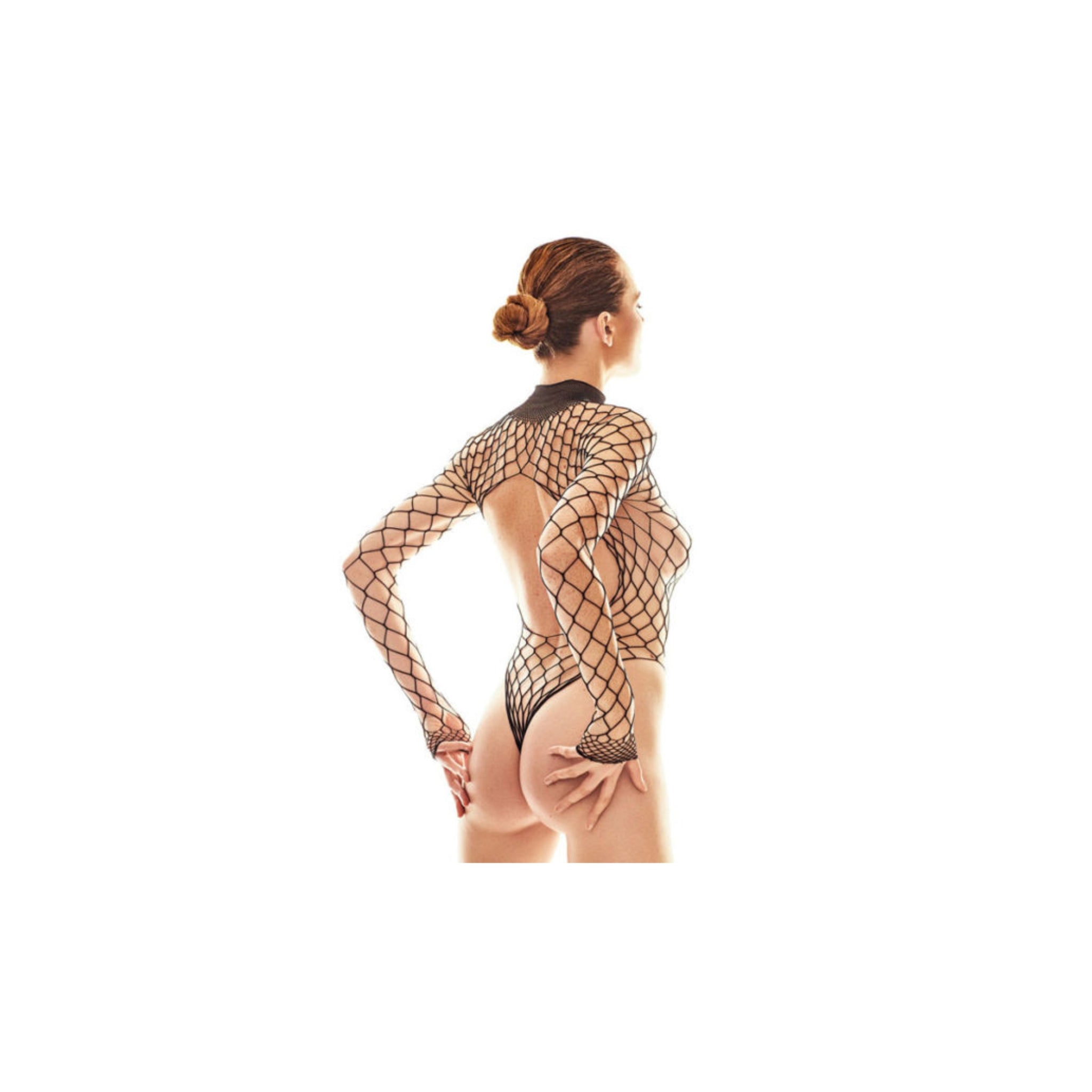 Woman wearing a fishnet bodysuit on a white background