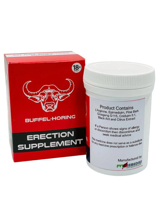Close-up of Buffel-Horing capsules – natural male libido supplement