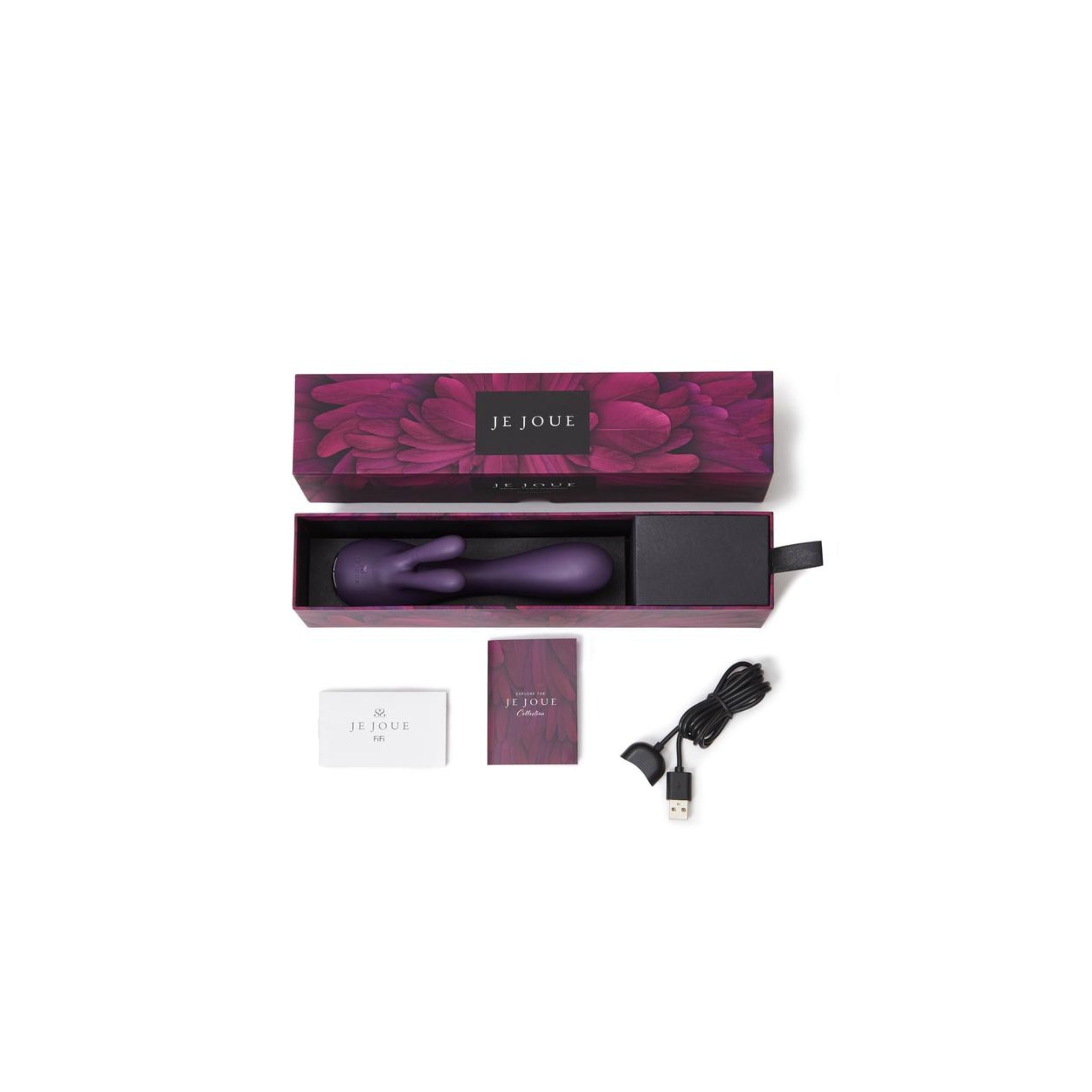 Vibrator shown with magnetic charger and packaging, a premium vibe for internal and external stimulation.