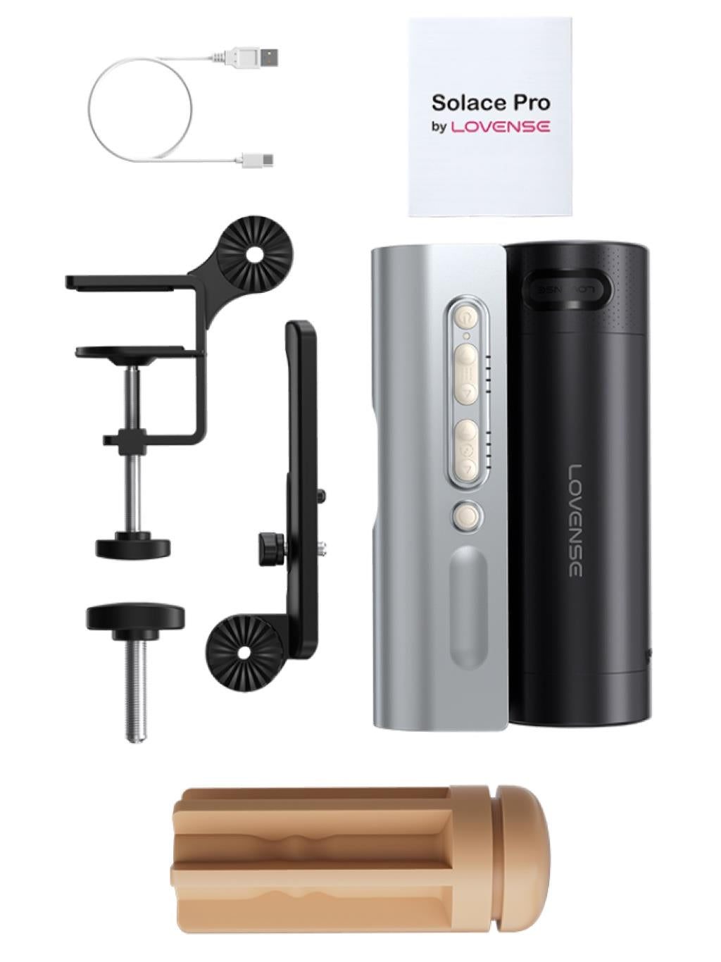 Unboxed Lovense Solace Pro with charging cable, storage pouch, and user manual