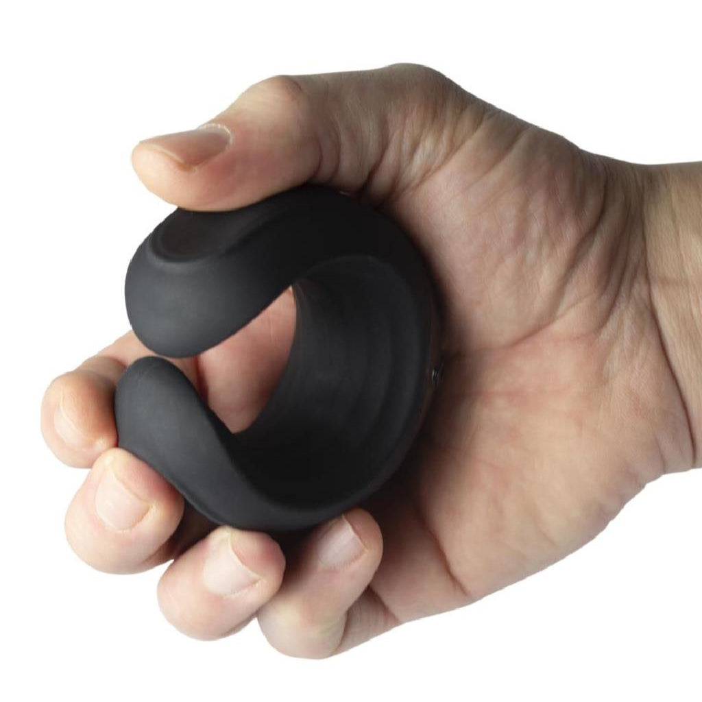 Ergonomic black Rocks-Off Echo male masturbator featuring internal texture and high-powered vibrations.