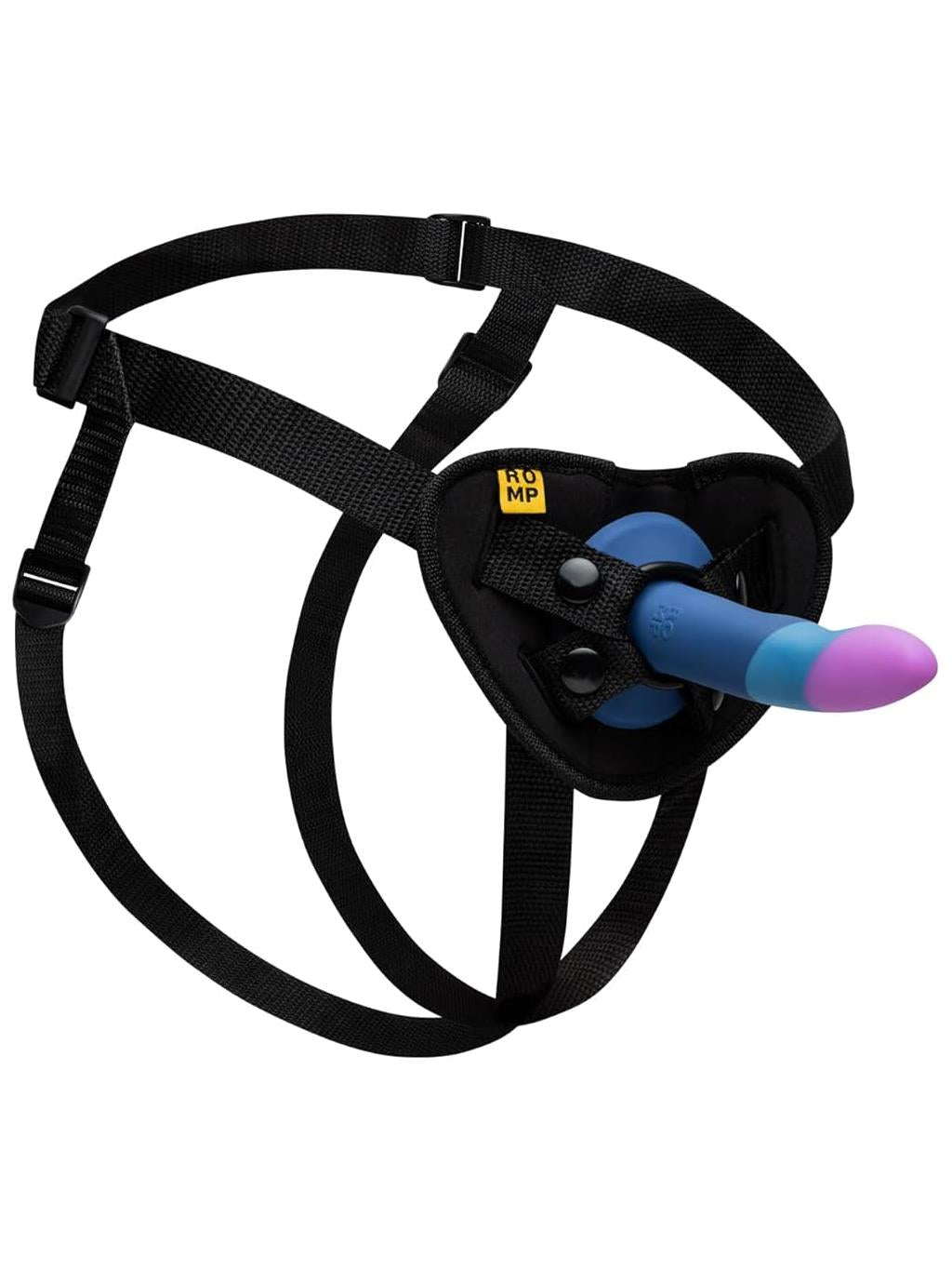 Unboxed Romp Piccolo Pegging Kit showing harness, silicone dildo, and accessories