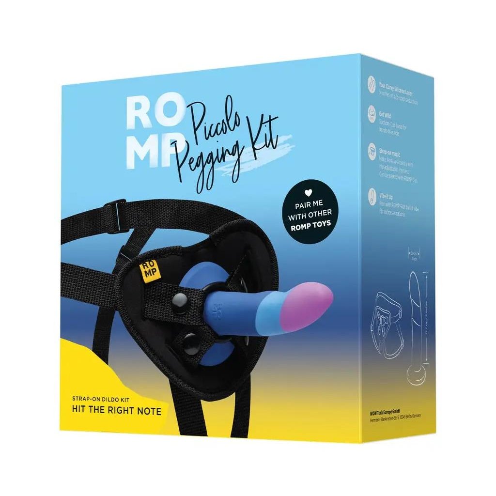 Complete Romp Piccolo pegging set featuring body-safe dildo and comfortable harness