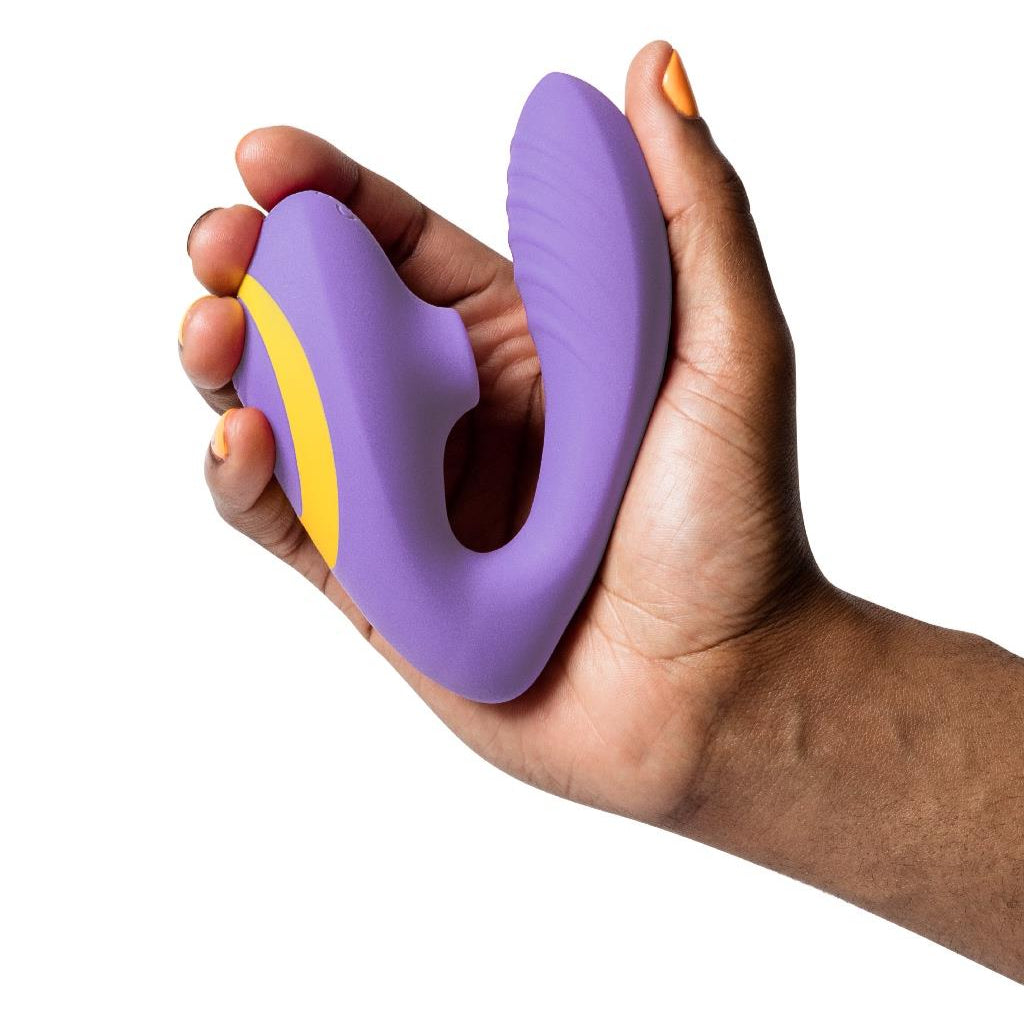 Romp Reverb vibrator with 10 levels of clitoral air pulsation and 3-speed G-spot vibration for blended orgasms.