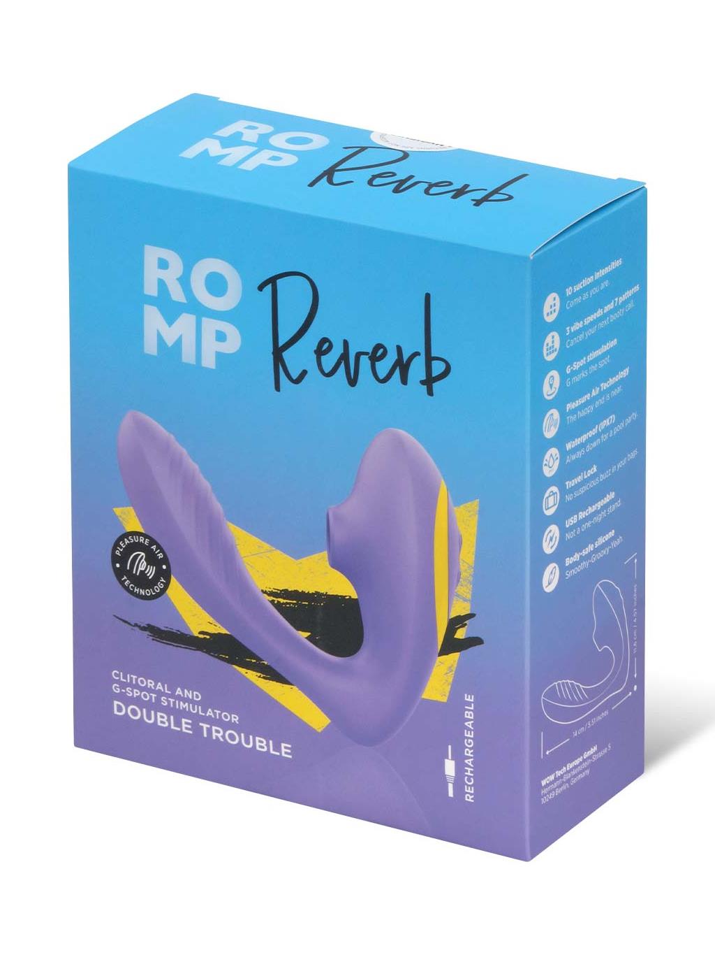 Romp Reverb dual-stimulation vibrator in lilac featuring 10 air pulsation levels and 3 vibration speeds.