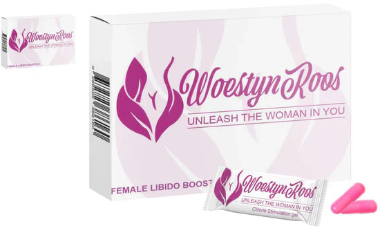 Close-up of Woestyn Roos pink capsules – hormone support for women