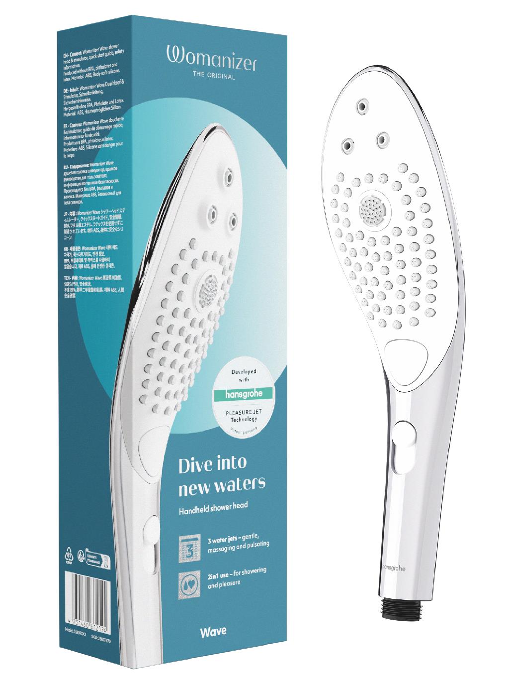 Unboxed Womanizer Wave intimate showerhead with sleek design and ergonomic features