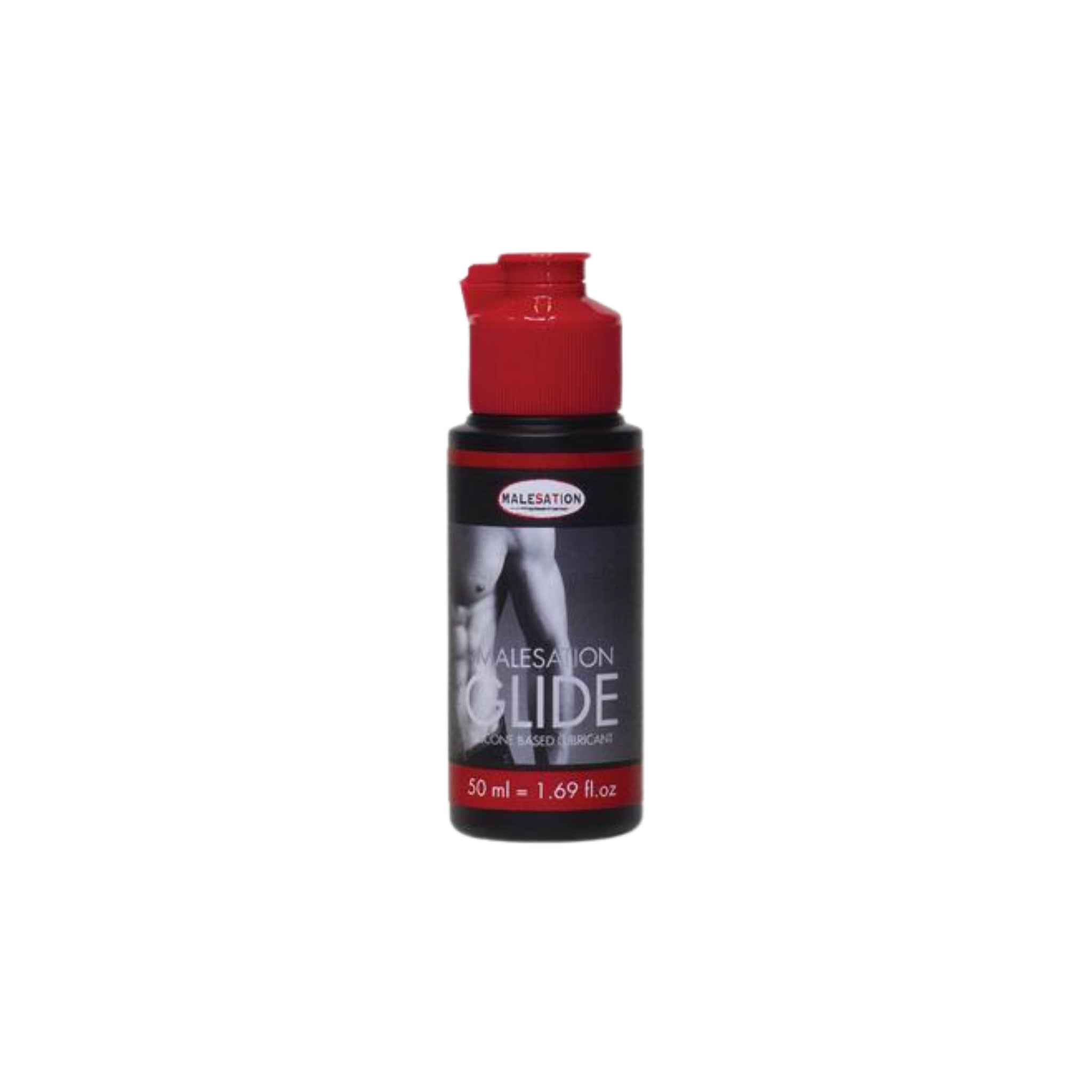 50ml Malesation Silicone Lubricant in a sleek black bottle with red logo, standing upright on a neutral background.