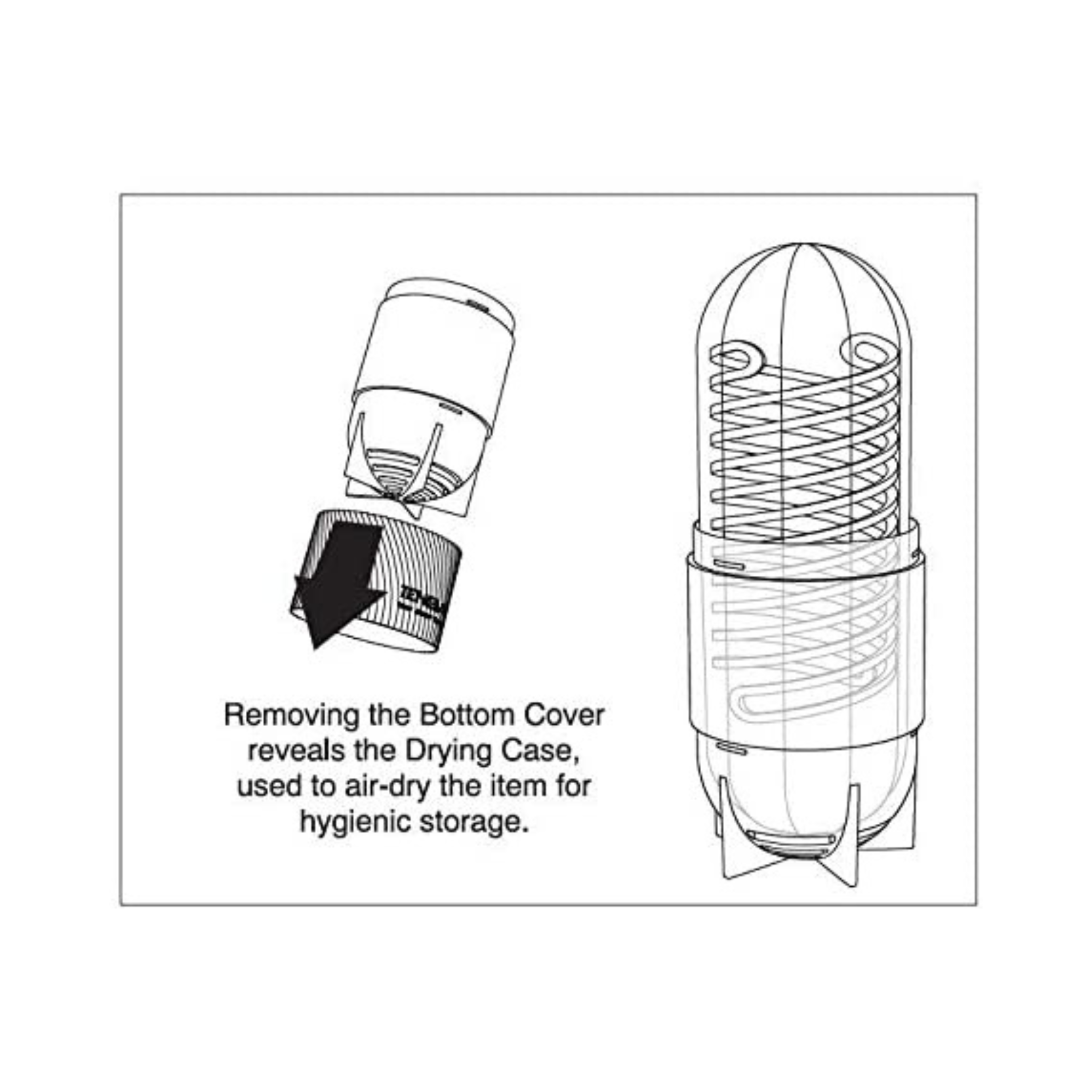 Diagram showing how to remove the bottom cover of a device to reveal the drying case.