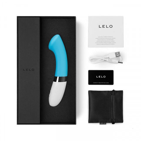 Lelo Gigi 2 G-spot vibrator in turquoise displayed inside its elegant black packaging with USB charging cable and satin storage pouch.