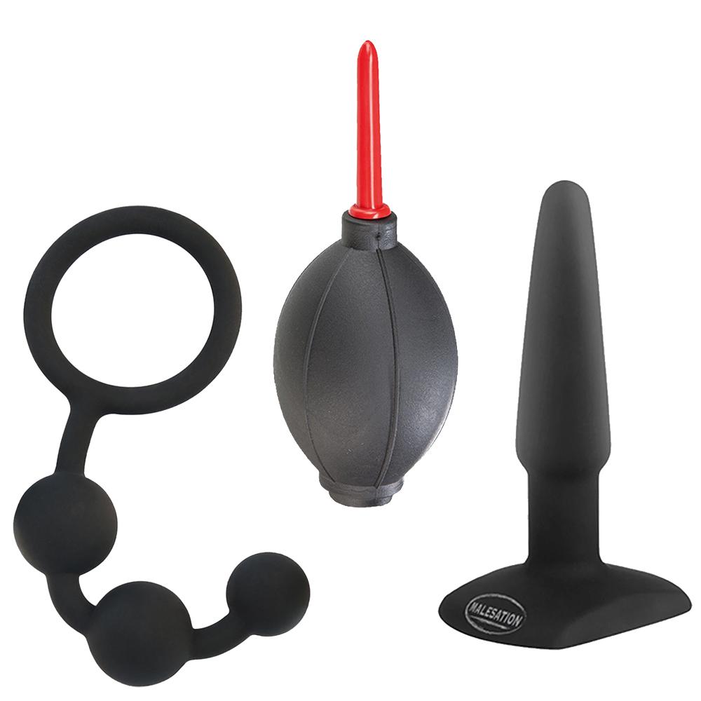 Complete Malesation Anal Bead and Butt Plug Starter Set displayed with plug, beads, and packaging on a clean, flat surface