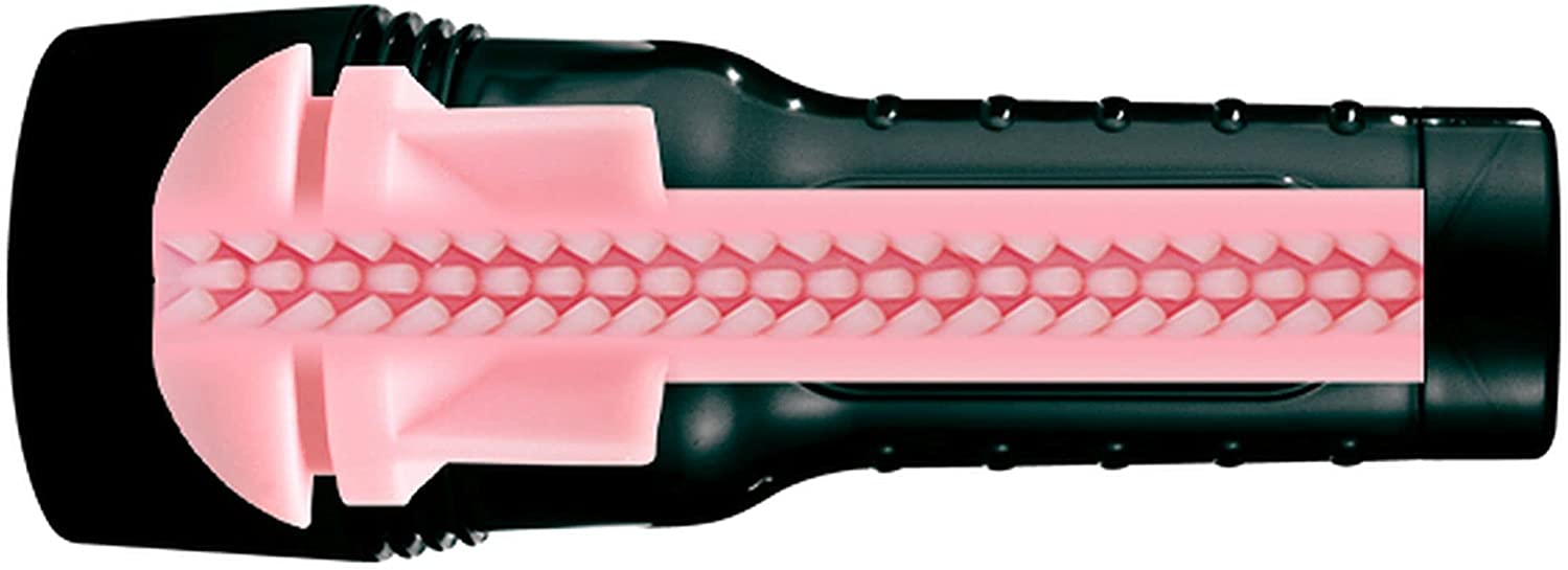 Close-up of the Pink Lady Touch sleeve and lifelike vaginal opening, featuring soft SuperSkin and built-in vibrator slots.