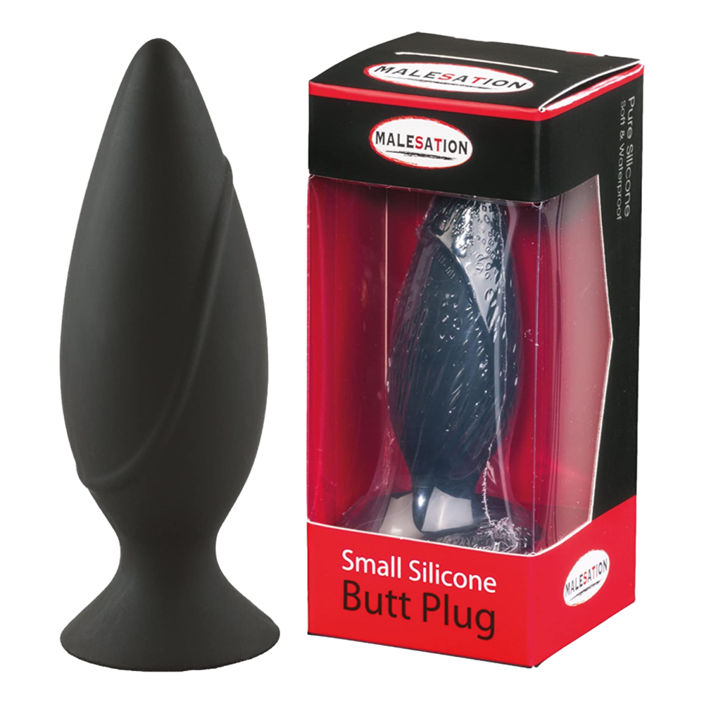 Black silicone anal plug with flared base, designed for beginners, 10cm length with ergonomic shape.