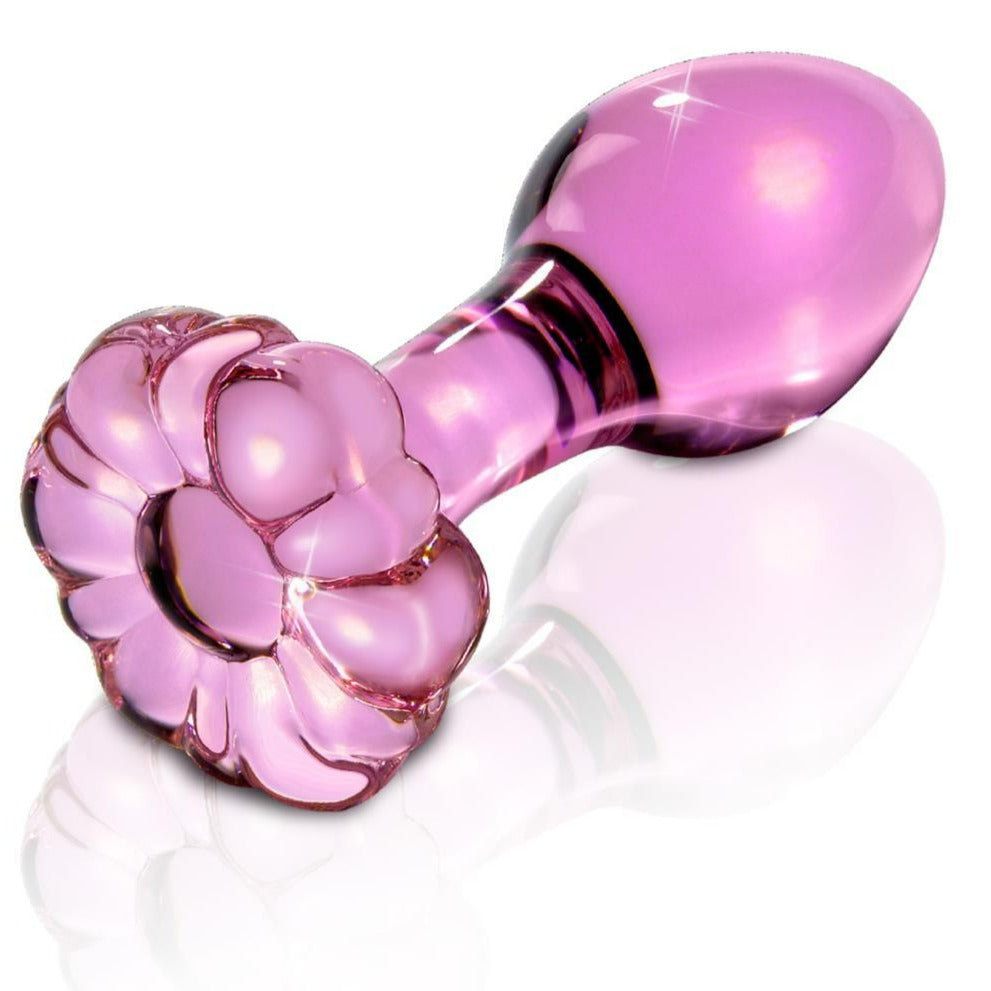 No.48 Pink Glass Butt Plug – tapered tip, bulbous body, and flared base for safe, stimulating anal play with elegant, ergonomic design.