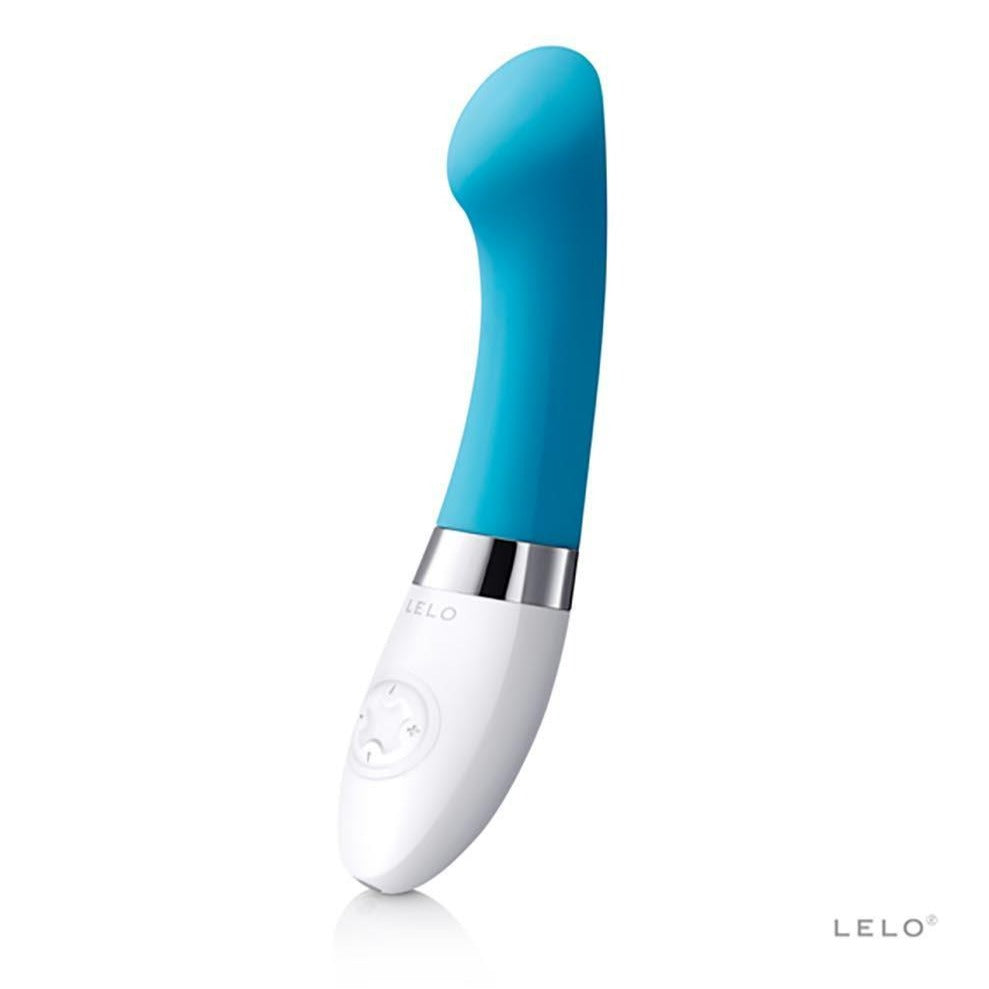 Lelo Gigi 2 G-spot vibrator in turquoise, featuring a smooth silicone body and curved, flattened tip for targeted internal stimulation.