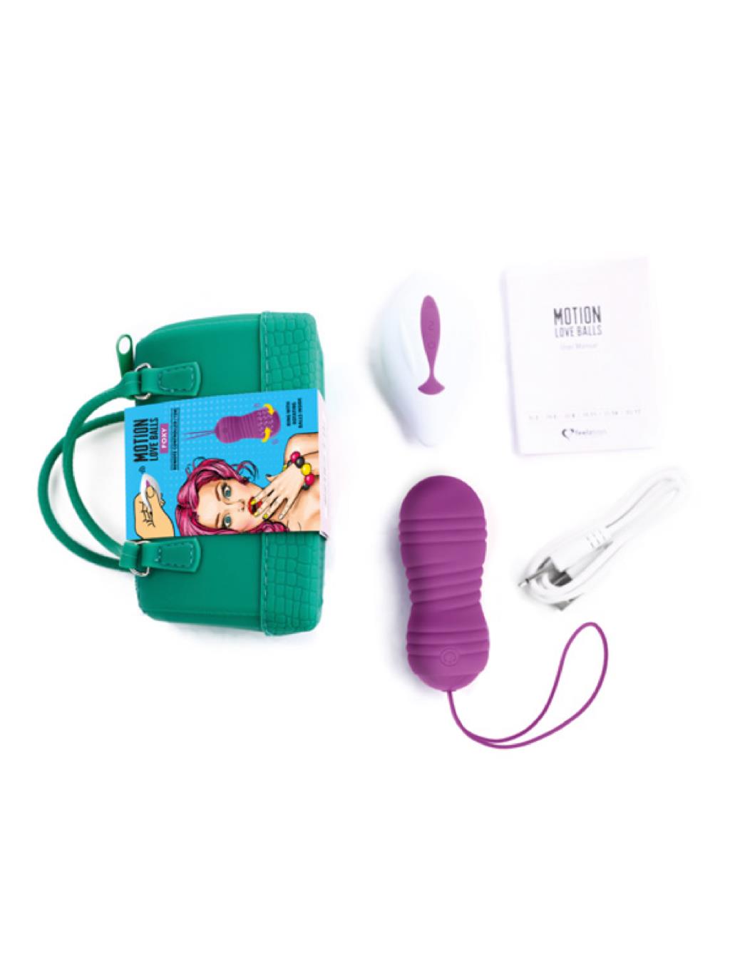 Flatlay of FeelzToys Motion Love Balls Foxy set including love balls, charging cable, and instructions on neutral background