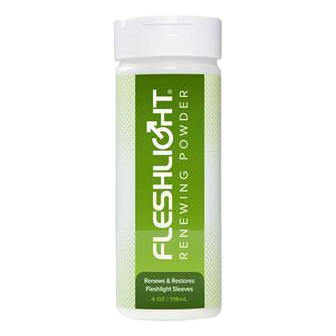 Fleshlight Renewing Powder 118ml bottle shown upright—designed to restore and maintain the softness of SuperSkin sleeves.
