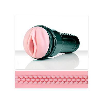 Close-up of the Pink Lady Touch sleeve and lifelike vaginal opening, featuring soft SuperSkin and built-in vibrator slots.