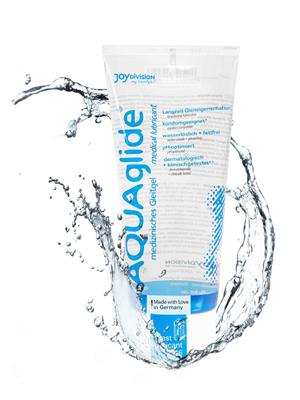 JoyDivision Aquaglide 200ml water-based lubricant in a clear bottle, designed for long-lasting moisture and body-safe comfort.